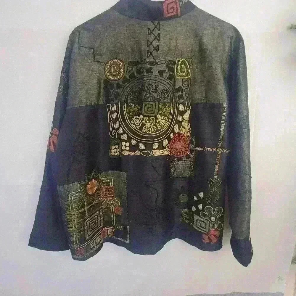 Vtg Chicos 3 Black Brown Silk Embroidered Asian Symbols Button Jacket Size XL - Picture 6 of 10